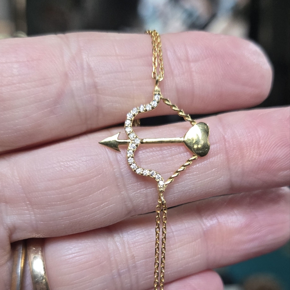 White Sapphire Sterling & Gold Arrow Heart Bracelet 14" - Picture 2 of 9